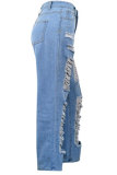 Light Blue Denim Button Fly Mid Patchwork Solid Hole washing Old Loose Pants Bottoms