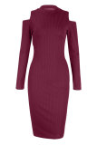 Maroon Fashion Sexy Off The Shoulder Long Sleeves O neck Pencil Dress Knee-Length Solid Paisley Patchwork