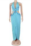 Rose Red Fashion Sexy Solid Hollowed Out Backless Slit Halter Sleeveless Dress