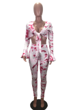 Pink Sexy Print Tie-dye V Neck Long Sleeve Two Pieces