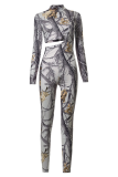 Grey Sexy Print Hollowed Out Turtleneck Long Sleeve Two Pieces