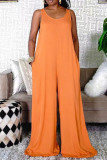 Orange Fashion Casual Solid Basic O Neck Regular Jumpsuits