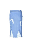 Light Blue Denim Elastic Fly High Solid Hole Hip skirt Bottoms