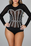 Red Fashion Sexy Patchwork See-through Hot Drill O Neck Skinny Romper