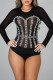 Black Fashion Sexy Patchwork See-through Hot Drill O Neck Skinny Romper