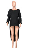 Black Celebrities Bubble sleeves Long Sleeves O neck Asymmetrical Mid-Calf Solid asymmetrical Dresses