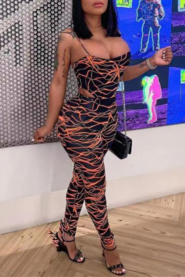 Multicolor Fashion Sexy Print Backless Spaghetti Strap Sleeveless Two Pieces