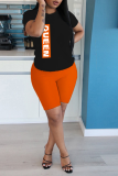 Orange Casual Print Letter O Neck Short Sleeve Two Pieces