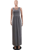Grey Sexy Fashion Tank Sleeveless Asymmetrical Collar Step Skirt Ankle-Length Solid Patchwork