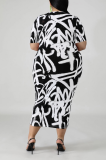 Black Sexy Print Patchwork O Neck Wrapped Skirt Plus Size 
