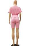 Pink Cotton Fashion Casual adult Ma'am Patchwork Solid Two Piece Suits pencil Short Sleeve Two Pieces