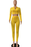 Yellow Fashion Sexy Adult Solid Hooded Collar Long Sleeve Cap Sleeve Short Two Pieces