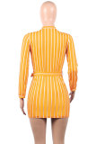 Yellow Fashion Long Sleeves O neck Hip skirt Mini Striped Long Sleeve Dresses