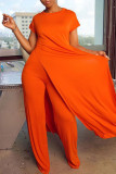 tangerine venetian Casual Solid Two Piece Suits Loose Short Sleeve Two Pieces
