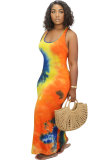 rose red Fashion Sexy adult Orange purple Tank Sleeveless Square Swagger Ankle-Length Print Patchwork Tie and dye Dresses