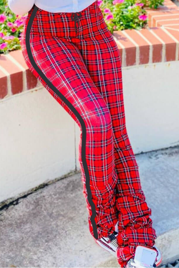 Red Casual Plaid Patchwork Skinny Small Elastic High Waist Pencil Bottoms