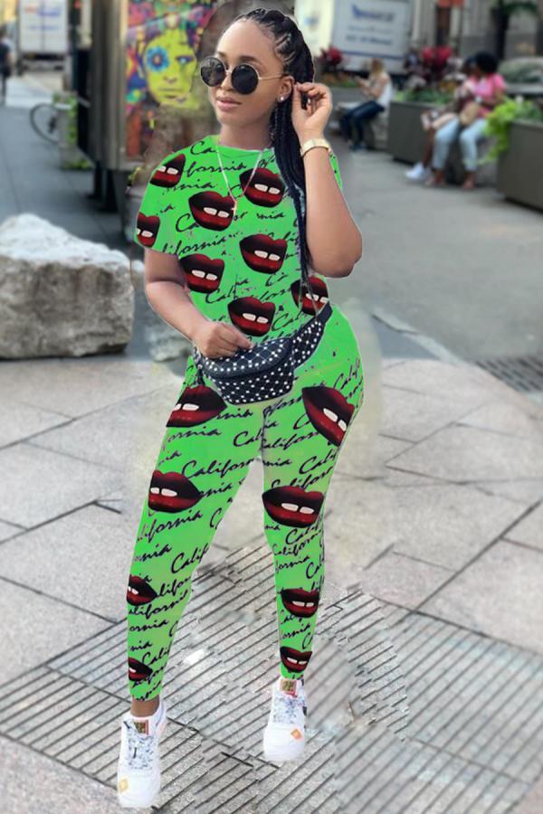 Green Polyester Fashion Casual asymmetrical Two Piece Suits Letter Lips Print Regular Short Sleeve Two-pi