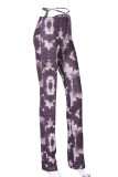 Purple Street Print Patchwork Straight Mid Waist Straight Bottoms
