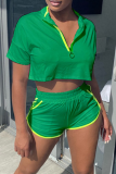 Fluorescent Green Sportswear Solid Patchwork Turndown Collar Sleeveless Two Pieces