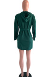 Green Polyester Street lantern sleeve Long Sleeves Hooded A-Line Knee-Length fastener Solid Casual Dresse