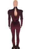 Wine Red Sexy perspective Patchwork Mesh Solid Long Sleeve O Neck Jumpsuits