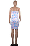 Light Blue Milk. Fashion Sexy adult Ma'am Green Pink Light Blue Light Purple Off The Shoulder Sleeveless Wrapped chest Step Skirt skirt Print Tie and dye Dresses