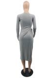 Grey Sexy Casual Solid Slit Oblique Collar Long Sleeve Dresses