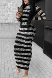 Red Fashion Casual Striped Print Basic O Neck Long Sleeve Dress