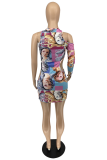 Pink Sexy Print Hollowed Out Half A Turtleneck Pencil Dresses