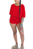 Red Polyester Fashion Sexy adult Ma'am Patchwork Solid Two Piece Suits Straight Half Sleeve Two Pieces