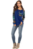 Green O Neck Long Sleeve Patchwork Long Sleeve Tops