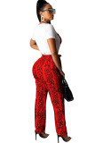 Red Polyester Drawstring Mid Patchwork Print Loose Pants Pants