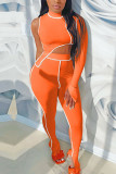 Orange Fashion Sexy Adult Polyester Solid Split Joint Turtleneck Long Sleeve One Shoulder Regular Two Pieces