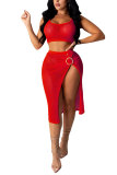Red Polyester Fashion adult Sweet Patchwork Solid asymmetrical Two Piece Suits HOLLOWED OUT Hip skirt Sleeveless Two Pieces