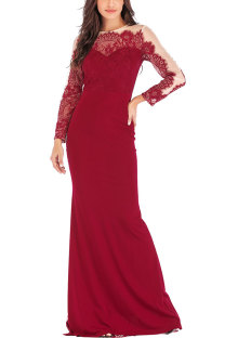 Red Fashion Long Sleeves O neck Slim Dress Floor-Length Patchwork