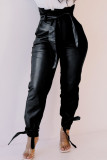 Black Fashion Street Adult Faux Leather Solid With Belt Straight Bottoms