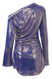purple Sexy Fashion One Shoulder Long Sleeves O neck Step Skirt skirt fastener Patchwork split Print Club