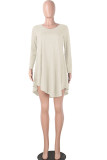 Beige Cotton Sexy Cap Sleeve Long Sleeves V Neck Swagger Knee-Length Patchwork Solid