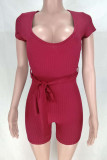 Black Fashion Sexy Patchwork bandage Solid Short Sleeve V Neck Rompers
