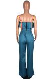 Blue Fashion Casual Sexy Stringy selvedge ruffle Two Piece Suits asymmetrical Solid Straight T
