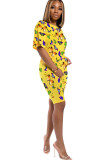 Yellow knit Fashion Sexy adult Ma'am Patchwork Print Two Piece Suits Straight Short Sleeve Two Pieces