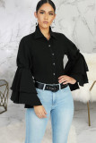 Black Chiffon O Neck Long Sleeve Solid Patchwork Long Sleeve Tops