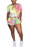 rose red Fashion Casual adult Ma'am Tie Dye Two Piece Suits Straight Short Sleeve Two Pieces