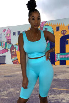 Blue Spandex Fashion Casual adult Ma'am Patchwork Solid Two Piece Suits Fluorescent pencil Sleeveless Two Pieces