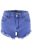 Light Blue Denim Button Fly Sleeveless Mid Zippered Patchwork Old Tassel Solid washing Straight shorts Shorts