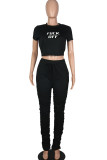 Black Polyester Fashion Sexy adult Ma'am Letter Two Piece Suits pencil Short Sleeve Two Pieces
