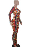 Red Sexy Print Solid Leopard Fold V Neck Skinny Jumpsuits
