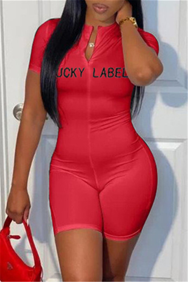 Red Fashion Casual Letter Embroidered Short Sleeve Skinny Romper