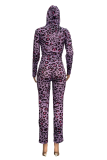 Red Casual Leopard Patchwork Hooded Collar Long Sleeve Two Pieces