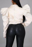 White Fashion Casual Solid Patchwork Flounce Half A Turtleneck Tops